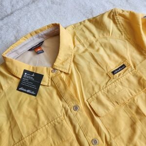EDDIE BAUER Womens L UPF Field Guide Shirt  Canary Yellow Roll Sleeve Hiking NWT